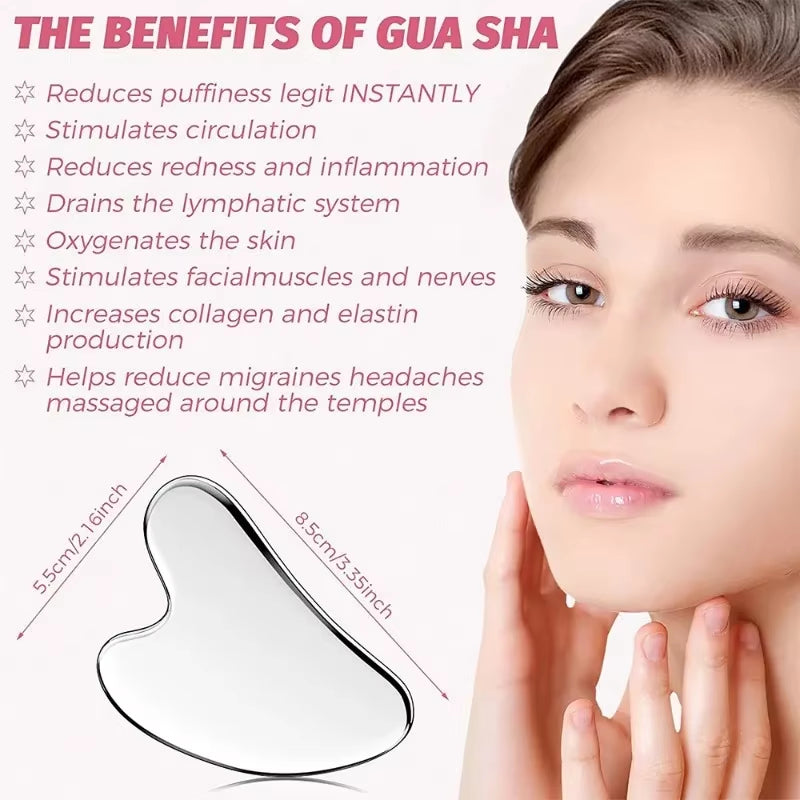 Gua Sha Facial Tool, Stainless Steel Guasha Massage Tool Natural Universal Facial Silver Metal Gua Sha Board for SPA Acupuncture